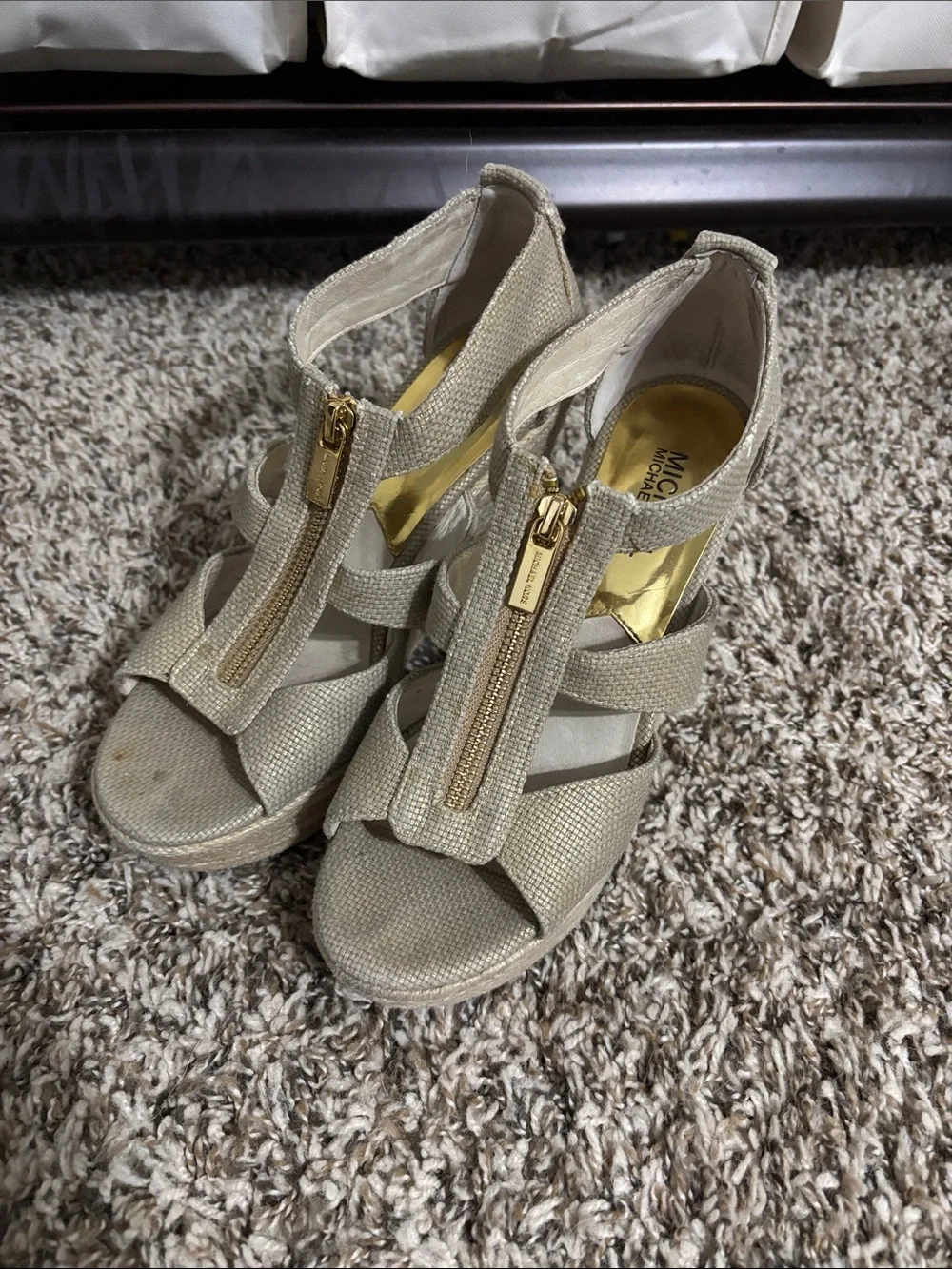 MICHAEL Michael Kors Tan Beige Wedge Sandals with Gold Zipper Accent
